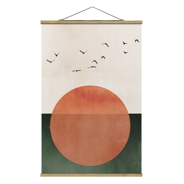 Stoffbild mit Posterleisten - Vogelschwarm vor aufgehender Sonne - Hochformat 2:3