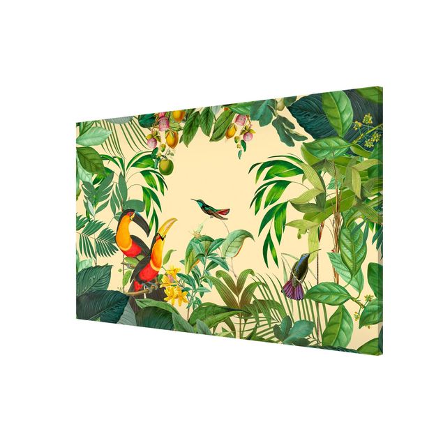 Magnettafel Blumen Vintage Collage - Vögel im Dschungel