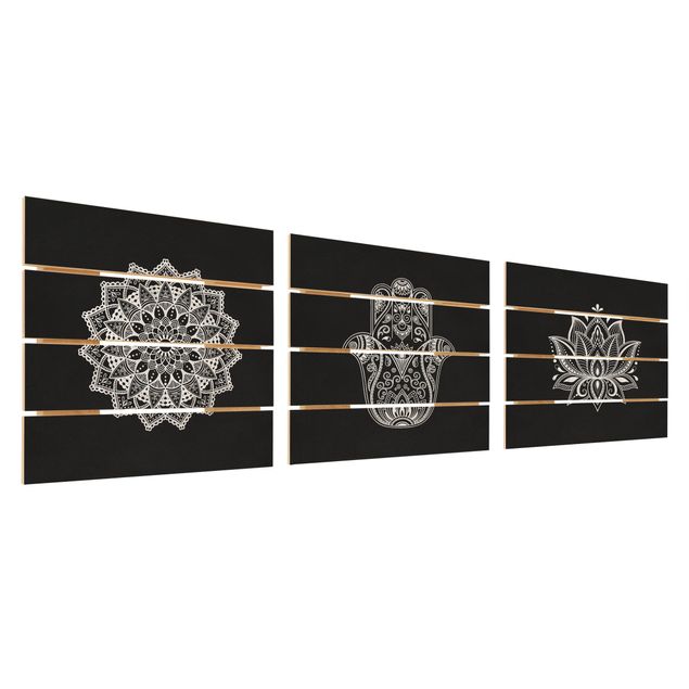 Holzbild 3-teilig - Mandala Hamsa Hand Lotus Set auf Schwarz - Quadrate 1:1