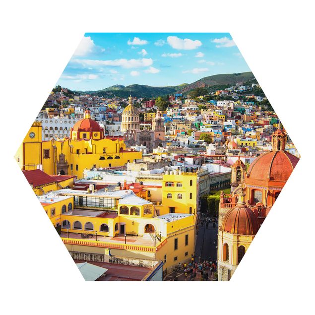 Hexagon Bild Alu-Dibond - Bunte Häuser Guanajuato
