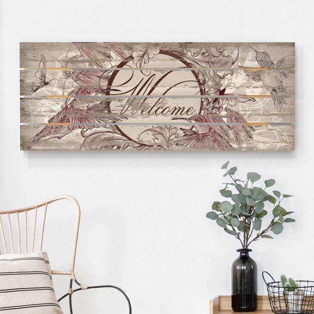 Wandbild Holz Vintage Welcome with Butterfly