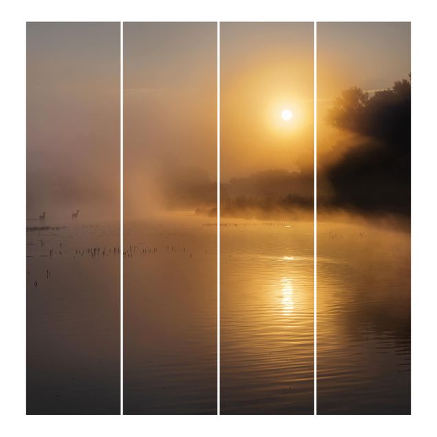 Flächenvorhang 6er Set Sonnenaufgang am See mit Rehen im Nebel