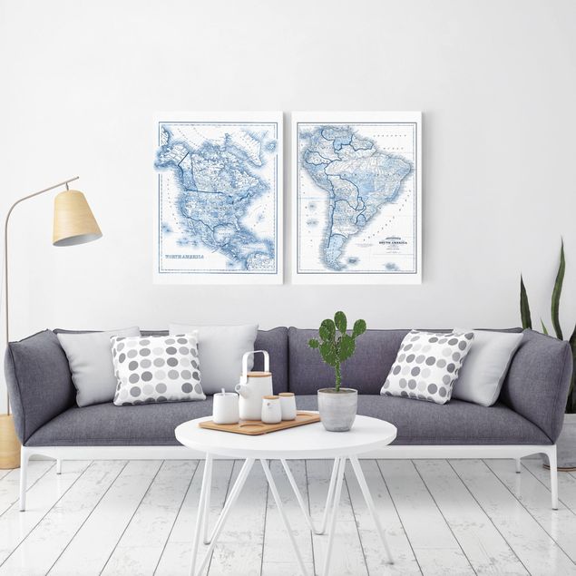 Wandbilder Wohnzimmer modern Karten in Blautönen Nord- und Südamerika Set I