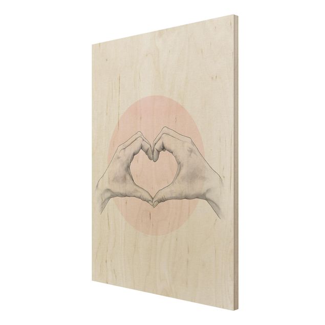 Wandbild Holz Illustration Herz Hände Kreis Rosa Weiß