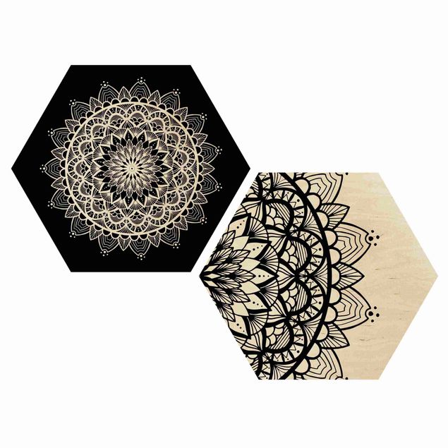 Hexagon Bild Holz 2-teilig - Mandala Illustration shabby Set schwarz weiß
