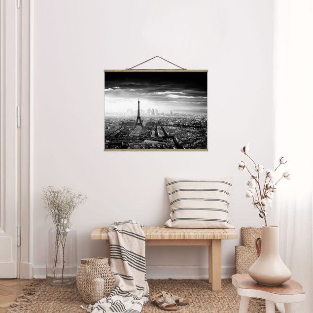 Stoffbild mit Posterleisten - Der Eiffelturm von Oben Schwarz-weiß - Querformat 4:3