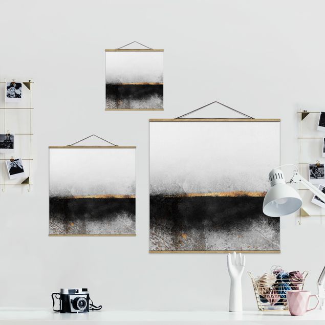 Stoffbild mit Posterleisten - Elisabeth Fredriksson - Abstrakter Goldener Horizont Schwarz Weiß - Quadrat 1:1