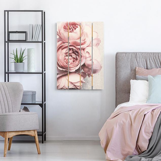 Holzbilder mit Blumen Rosa Pfingstrosenblüten Shabby Pastell
