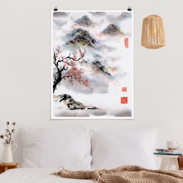 Poster Kunstdruck Japanische Aquarell Zeichnung Kirschbaum und Berge