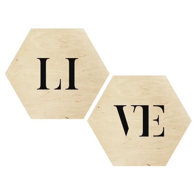 Hexagon Bild Holz 2-teilig - Buchstaben LIVE Schwarz Set I