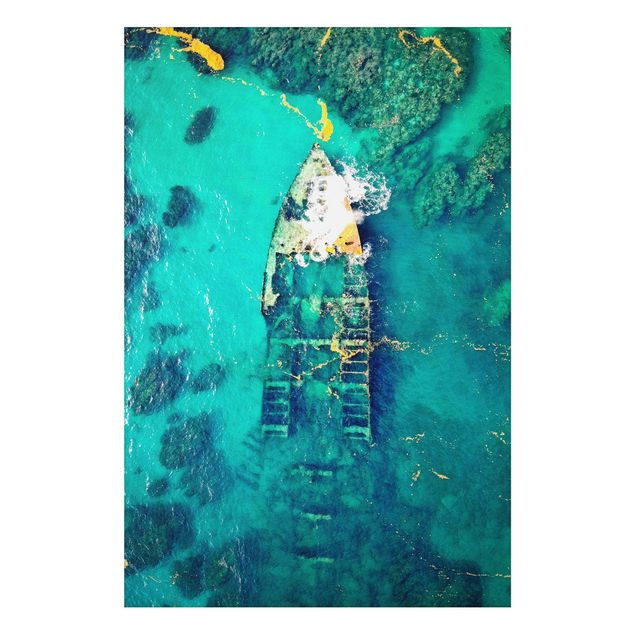Foto auf Alu Dibond Top View Schiffswrack im Meer