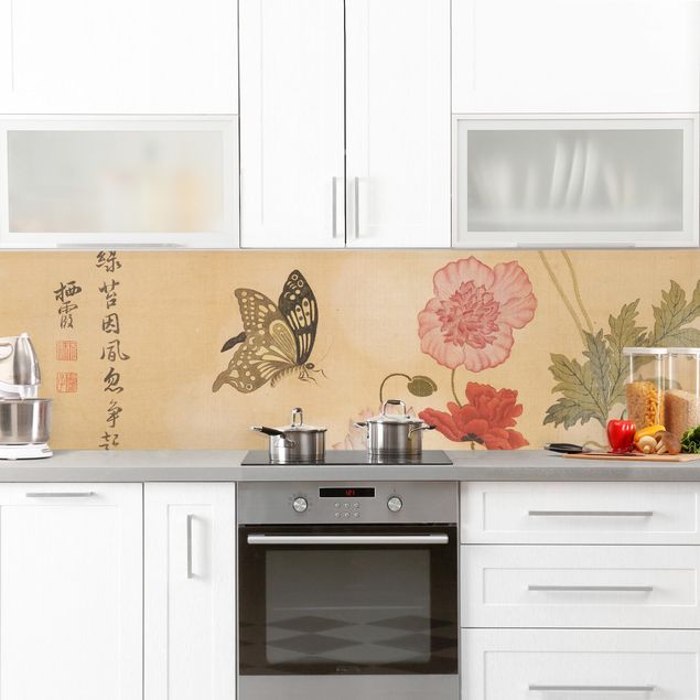 Küchenrückwand Blumen Yuanyu Ma - Mohnblumen und Schmetterlinge