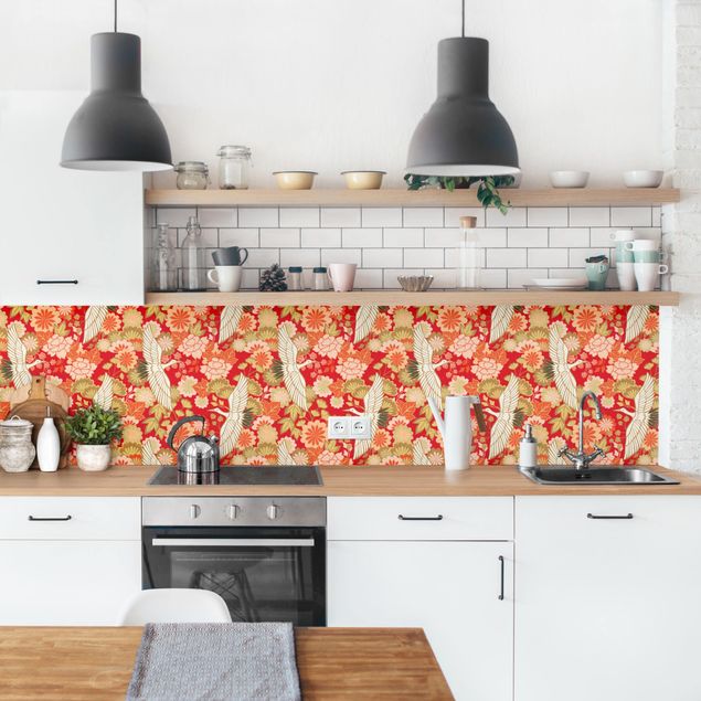 Küchenrückwand Blumen Kraniche und Chrysanthemen Rot