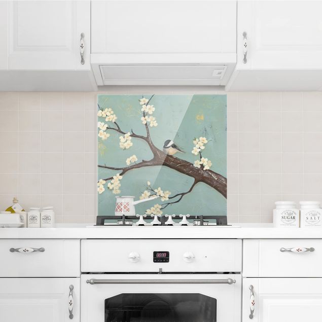 Glasrückwand Küche Blumen Meise auf Kirschbaum