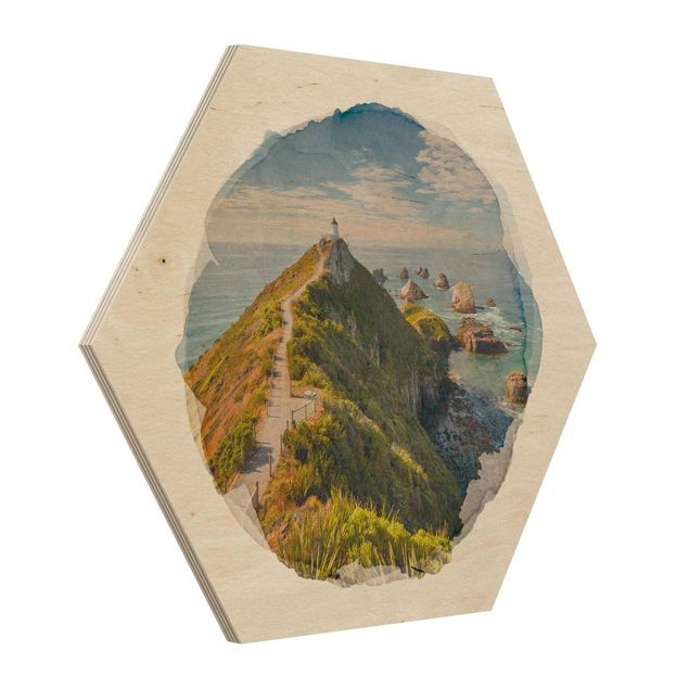 Wandbild Holz Wasserfarben - Nugget Point Leuchtturm und Meer Neuseeland