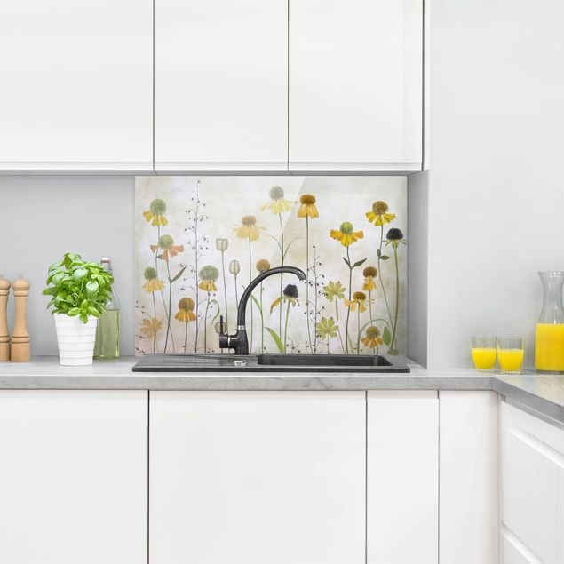 Küchenrückwand Glas Blumen Zarte Helenium Blüten