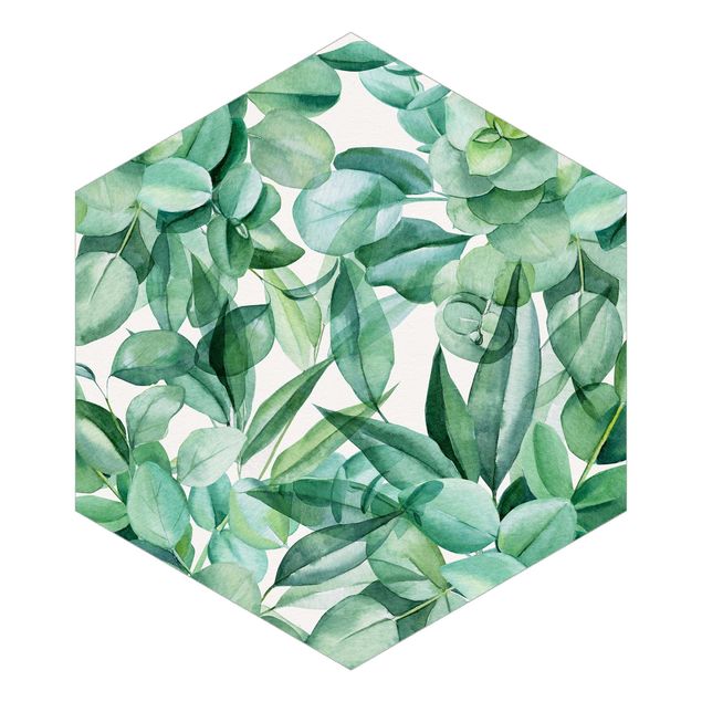 Tapete Hexagon Dickicht Eukalyptusblätter Aquarell