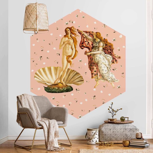 Hexagon Mustertapete selbstklebend - Die Venus von Botticelli auf Rosa