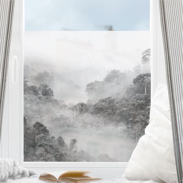 Blumen Fensterbilder Dschungel im Nebel Schwarz-Weiß