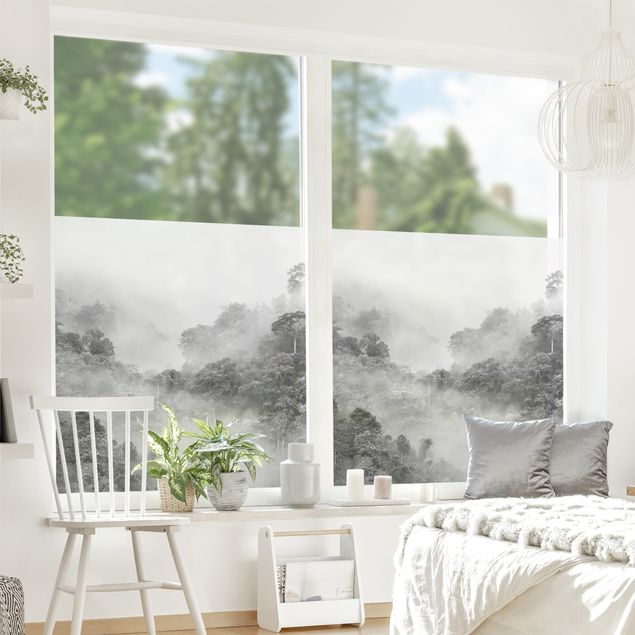 Fensterbilder Weiß Dschungel im Nebel Schwarz-Weiß