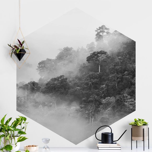 Dschungel Tapete Dschungel im Nebel Schwarz Weiß