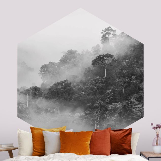 Nebelwald Tapete Dschungel im Nebel Schwarz Weiß