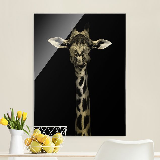 Wandbilder Glas XXL Dunkles Giraffen Portrait