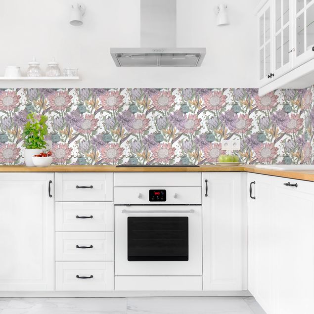Glasrückwand Küche Muster Florale Eleganz in Pastell XXL