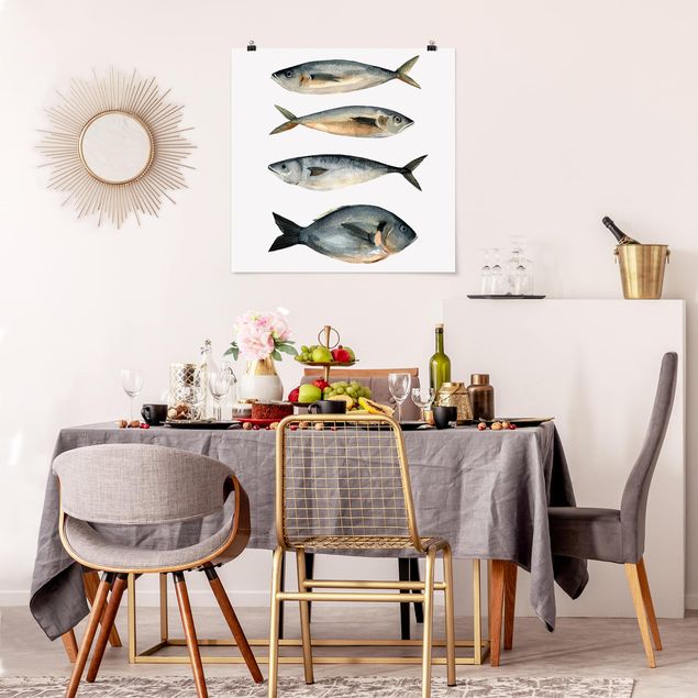 Poster - Vier Fische in Aquarell I - Quadrat 1:1