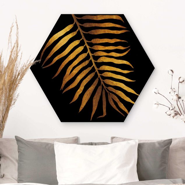 Holzbild Blumen Gold - Palmenblatt II auf Schwarz