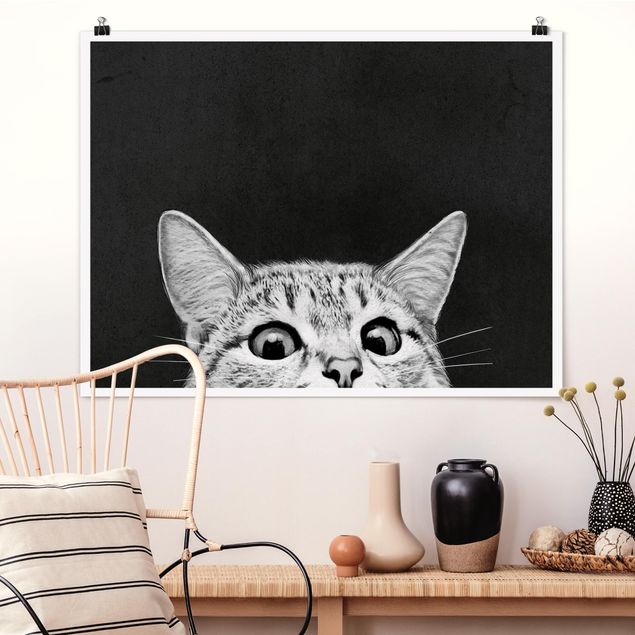 Poster Kinderzimmer Tiere Illustration Katze Schwarz Weiß Zeichnung