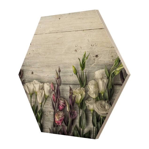 Hexagon Bild Holz - Tulpen-Rose Shabby Holzoptik