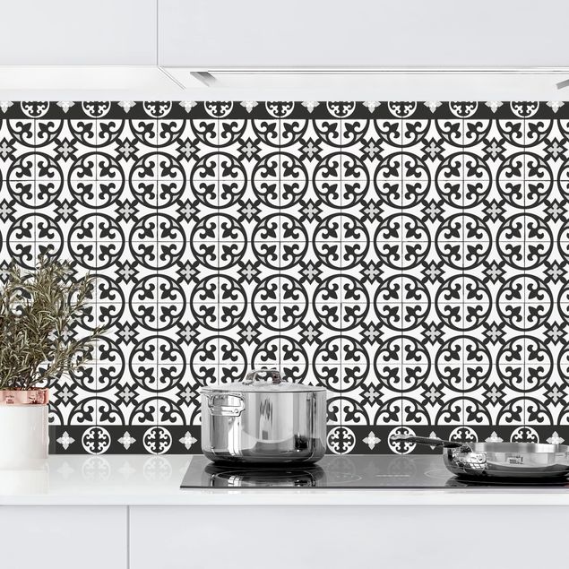 Küchenrückwände Platte Geometrischer Fliesenmix Kreise Schwarz