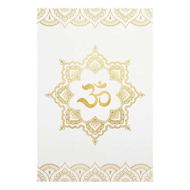 Glasbild - Mandala OM Illustration Ornament weiß gold - Querformat 2:3