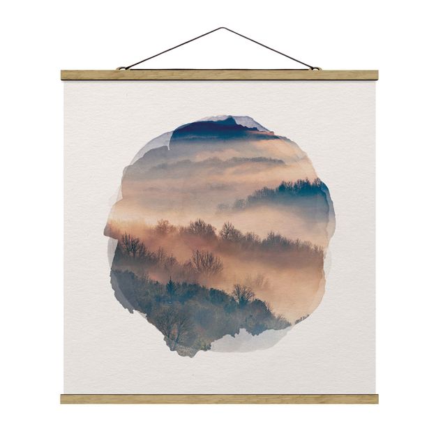 Stoffbild mit Posterleisten - Wasserfarben - Nebel bei Sonnenuntergang - Quadrat 1:1