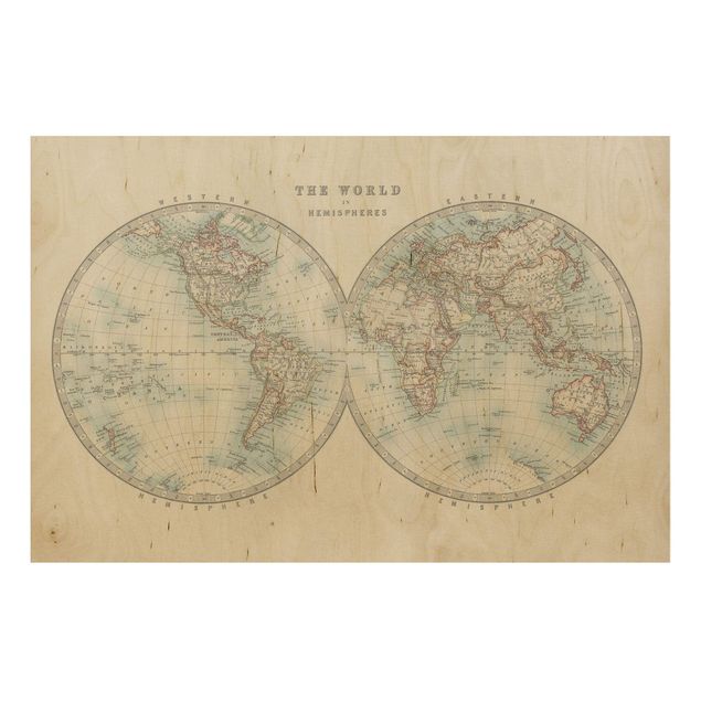 Moderne Holzbilder Vintage Weltkarte Die zwei Hemispheren