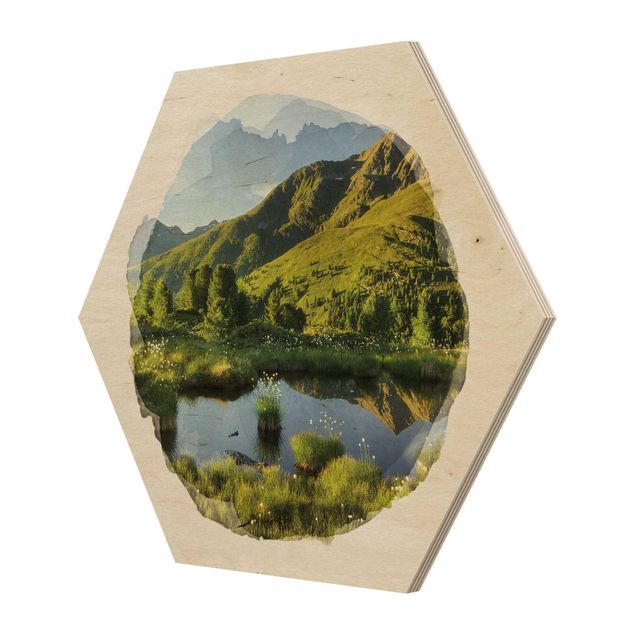Hexagon Bild Holz - Wasserfarben - Blick vom Hirschbichl ins Defereggental
