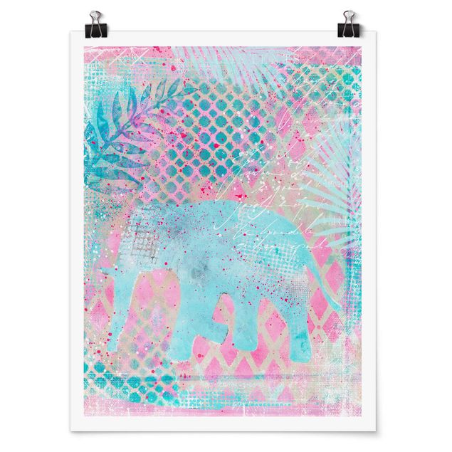 Poster Tiere Bunte Collage - Elefant in Blau und Rosa