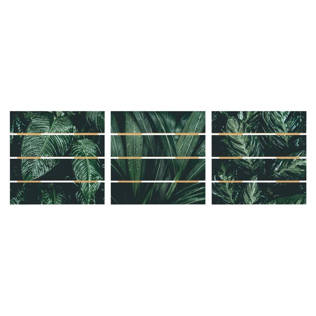Holzbild 3-teilig - Blätter im Regen - Quadrate 1:1