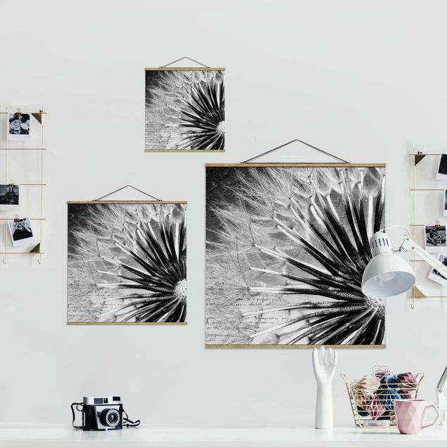 Stoffbild mit Posterleisten - Pusteblume Schwarz & Weiß - Quadrat 1:1