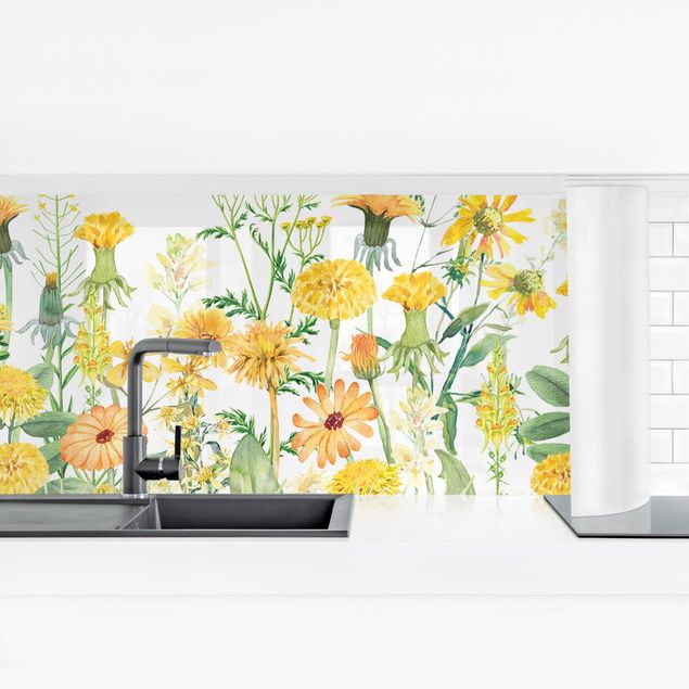 Küchenrückwände selbstklebend Aquarellierte Blumenwiese in Gelb