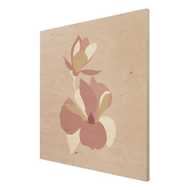 Holzbild - Line Art Blüten Pastell Rosa - Quadrat 1:1