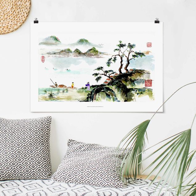 Poster Kunstdruck Japanische Aquarell Zeichnung See und Berge