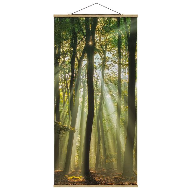 Stoffbild mit Posterleisten - Sonnentag im Wald - Hochformat 1:2