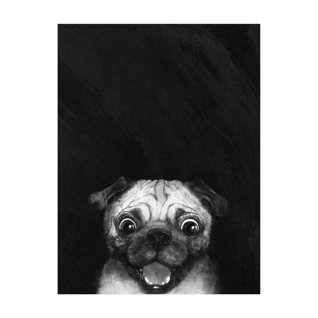 Schwarzer Teppich Illustration Hund Mops Malerei auf Schwarz Weiß