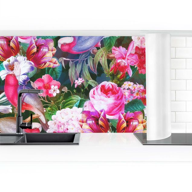 Küchenrückwand Glas Motiv Blumen Bunte Tropische Blumen mit Vögeln Pink II