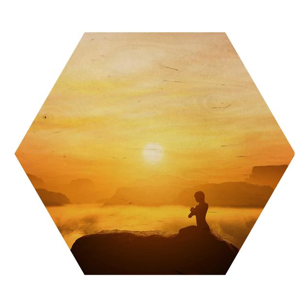 Hexagon Bild Holz - Yoga Meditation