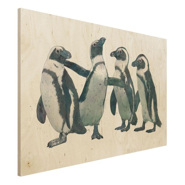 Moderne Holzbilder Illustration Pinguine Schwarz Weiß Aquarell