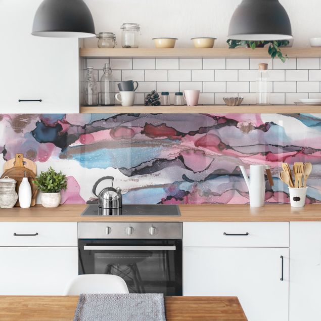 Küchenrückwand Muster Wellenreiten in Violett mit Roségold