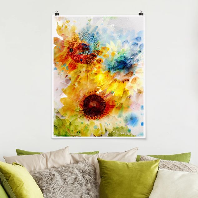 Poster Kunstdruck Aquarell Blumen Sonnenblumen